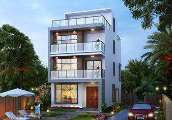 现代风平屋顶三层半农村小别墅设计图,面宽仅7米