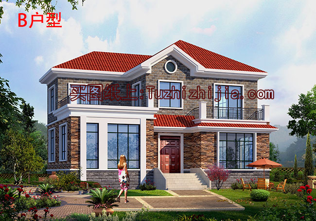 地中海风格二层别墅房屋设计图,带外观效果图