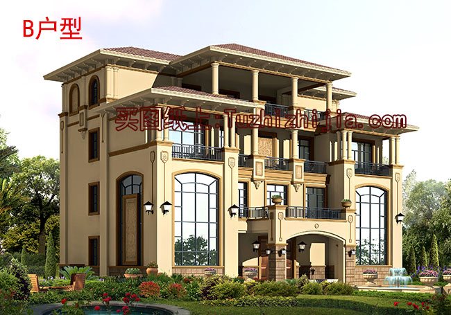 300平四层别墅房屋设计图,含外观效果图,大面积、多卧室