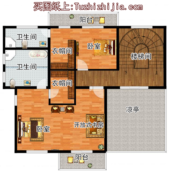 现代新中式四层复式别墅房屋设计图,旋转楼梯,含效果图