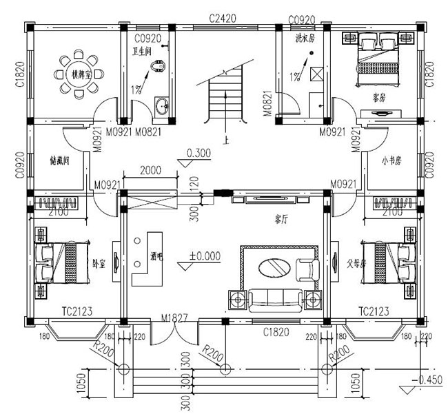 兄弟俩二层双拼别墅设计图纸,一层共用,设计新颖