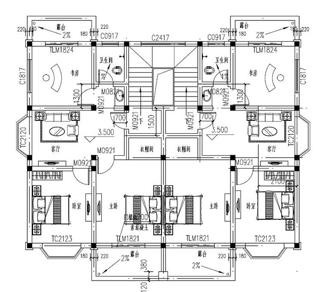 兄弟俩二层双拼别墅设计图纸,一层共用,设计新颖