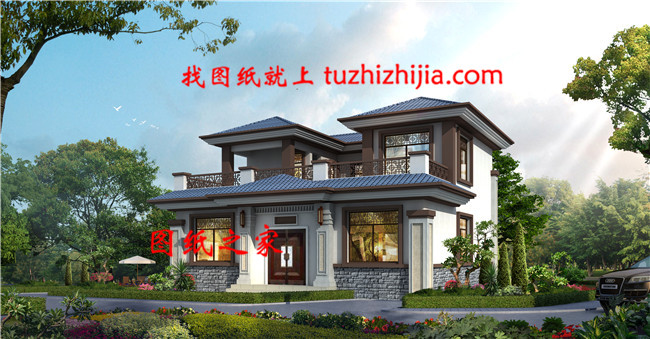 20万左右新中式二层别墅设计图,对称设计,顶层大露台