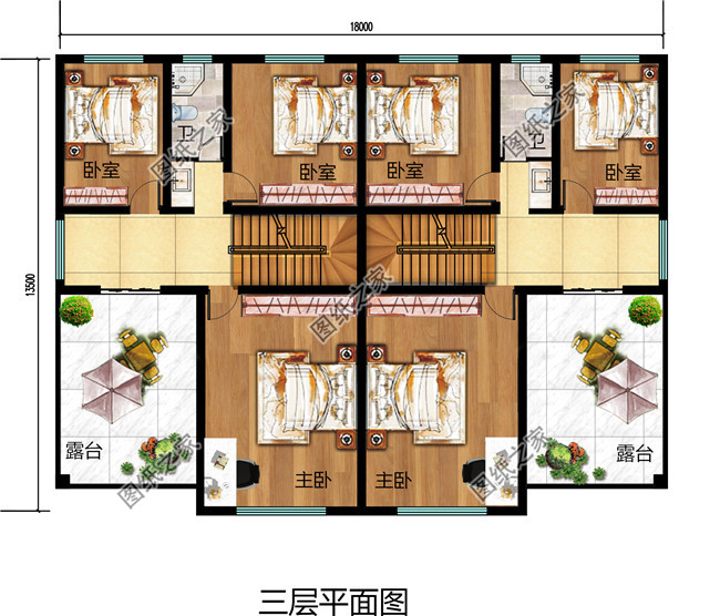 经典三层双拼房屋设计图,带效果图,户型好,单户面积120