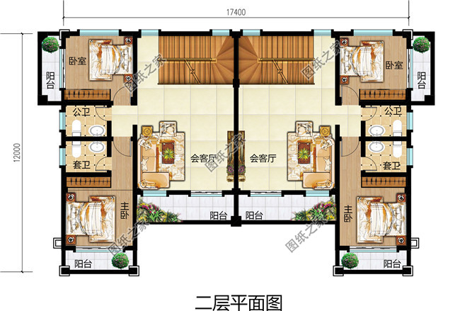 17X12米三层双拼别墅自建房设计图,欧式风格,户型方正