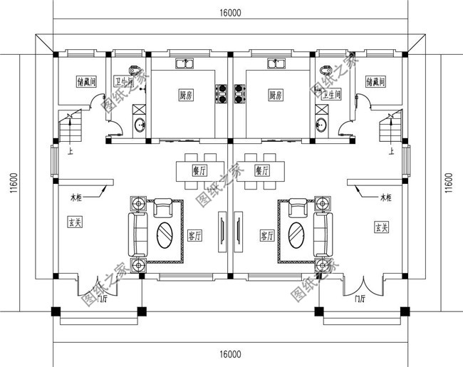 兄弟双拼三层小别墅设计图纸,占地160平方米左右