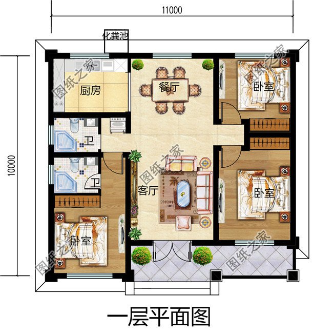 经济型实用欧式一层小楼房别墅平房设计图,11x10米
