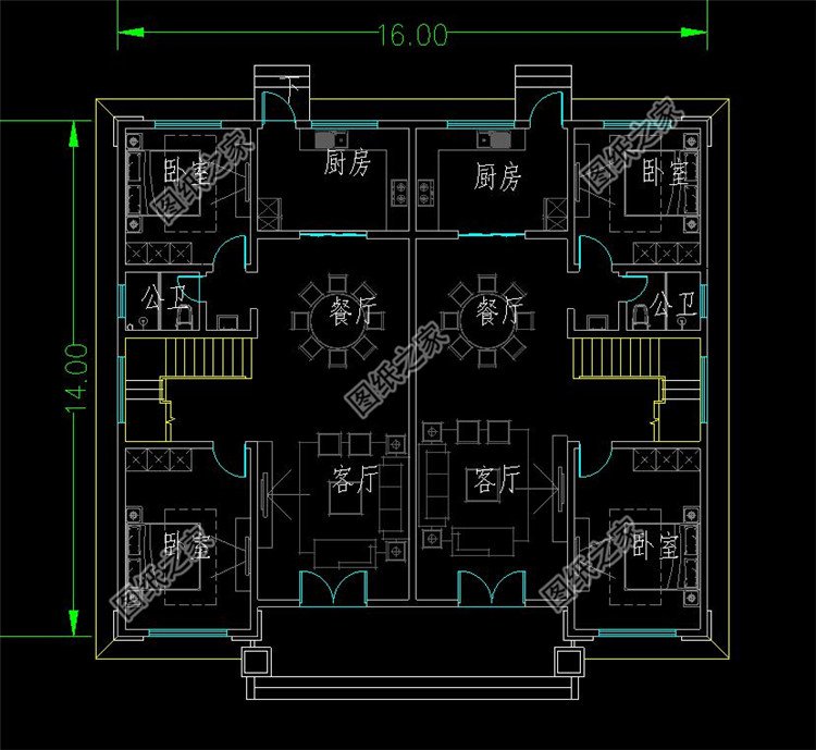 16x14米三层双拼别墅设计图一层