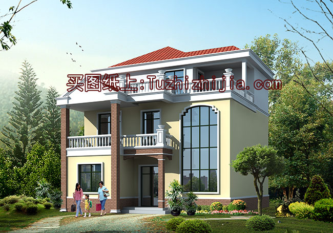 客厅中空三层复式别墅房屋设计图,带外观效果图