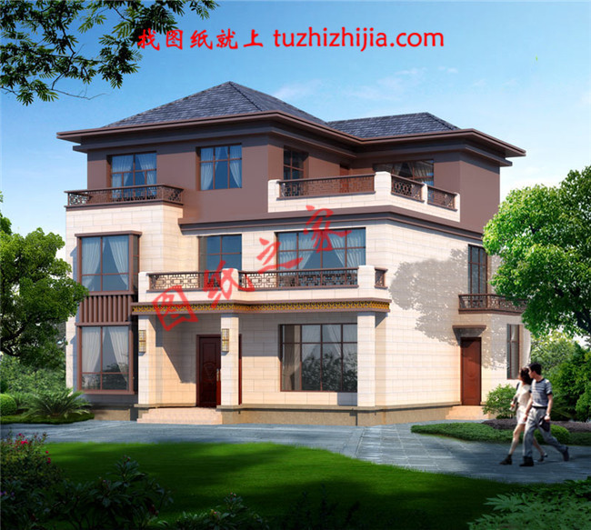 新中式带露台30万左右农村三层别墅,客厅中空