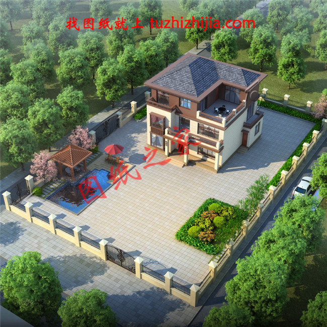 新中式带露台30万左右农村三层别墅,客厅中空