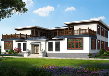 中式四合院风格别墅设计图,平屋顶,书房、茶室、健身房一应俱全