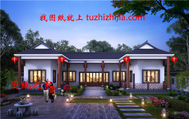 2019中式农村一层三合院效果图及施工图,带堂屋,比别墅舒服