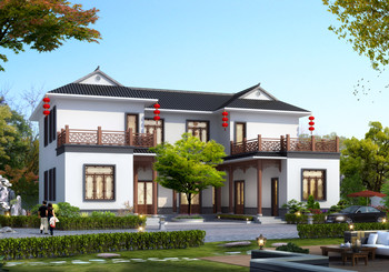 农村二层中式三合院别墅设计图带庭院自建房户型图