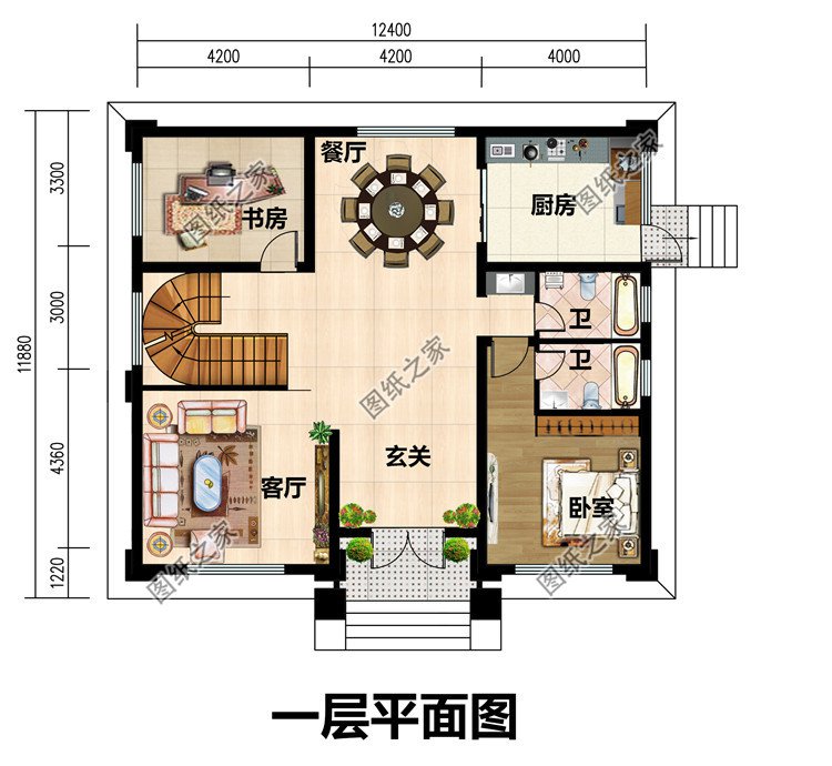 三层带地下室+旋转楼梯别墅设计图纸,二三层复式挑空客厅