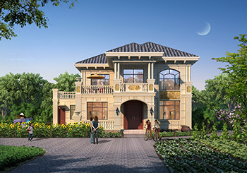 带配房的二层乡村欧式别墅设计图,尺寸15.84×13.84米