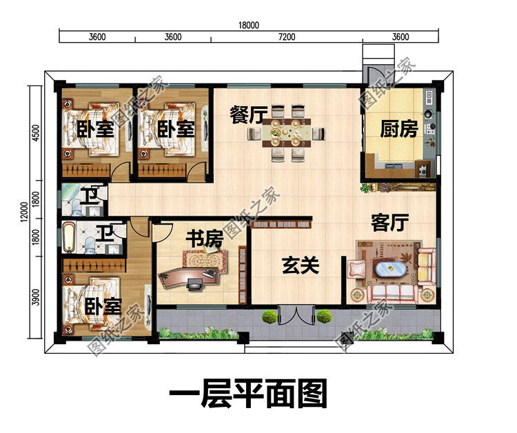 农村一层别墅设计图3室2厅带书房占地面积200平米左右