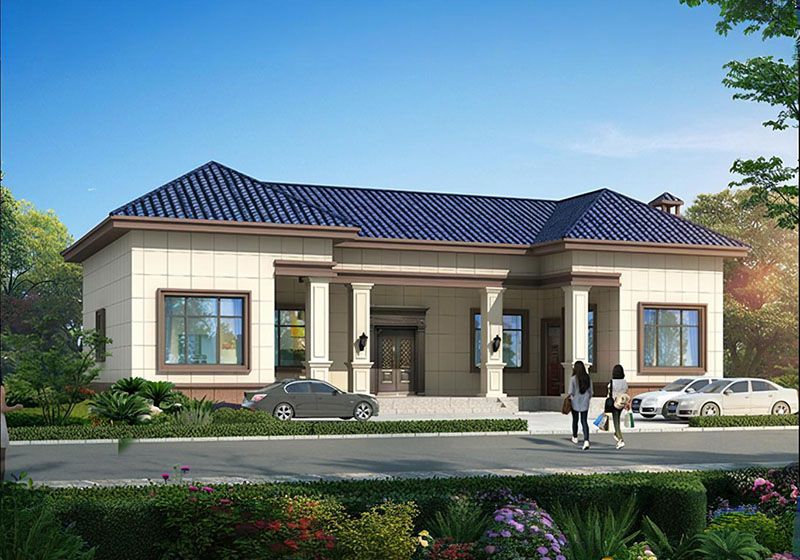 经典一层带阁楼三合院别墅设计图,18米乘9.5米