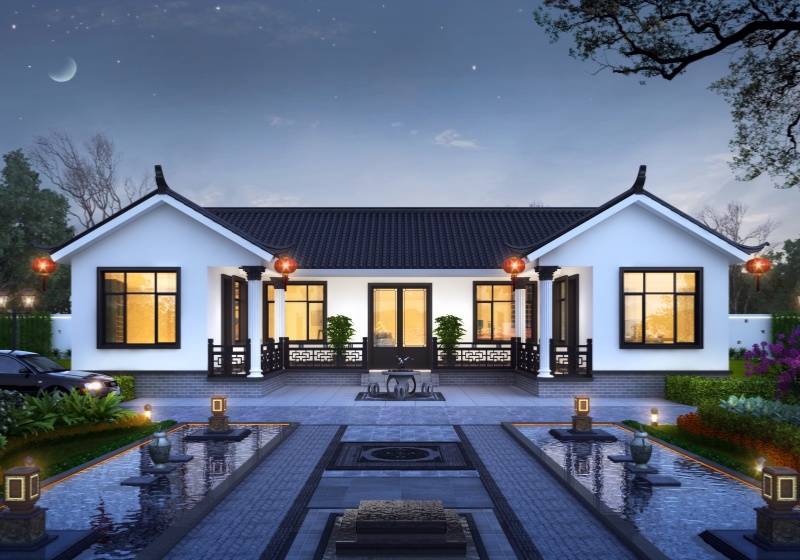 18米宽一层中式小院设计图,三合院户型布局宽敞大气